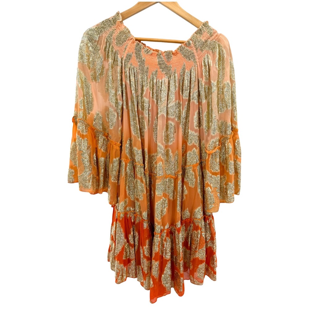 Miss June Paris Orange Gold Metallic Lurex Paisley Boho Tiered Mini Dress OS